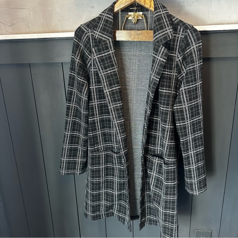 MELLODAY Gray‎ Black Plaid Knit Midi Coat with Pockets size Large
